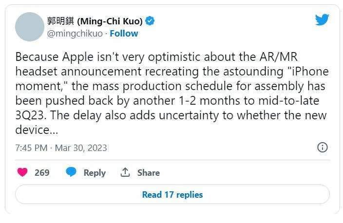 恋爱匹配度苹果版:郭明錤：苹果MR可能延后1-2周生产恐赶不上WWDC